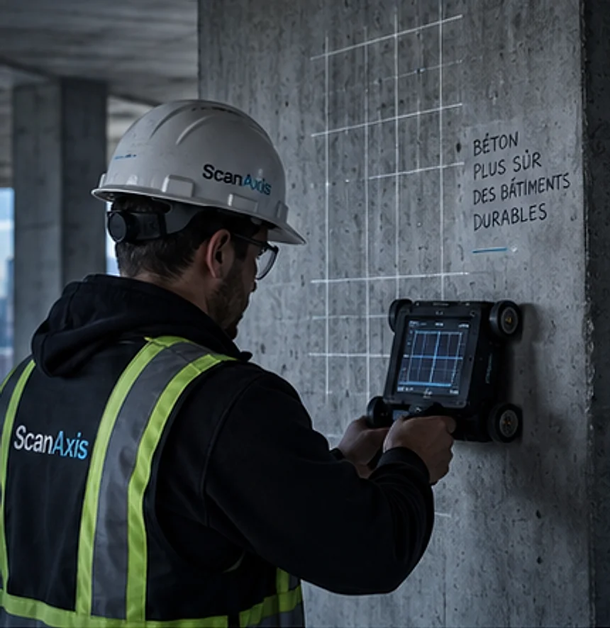 Technicien ScanAxis balayant un mur de béton avec un appareil de détection
