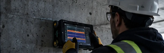 Technicien analysant un mur de béton sur une tablette de mesure